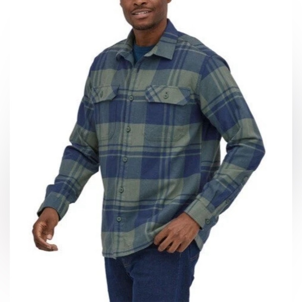 Patagonia Fjord Flannel Men’s M Organic Cotton Green Blue Plaid Shirt 42400 LOHG